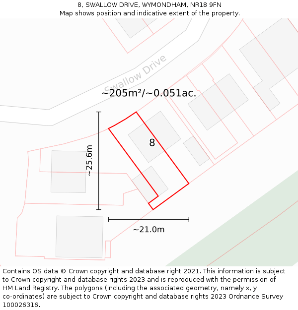 8, SWALLOW DRIVE, WYMONDHAM, NR18 9FN: Plot and title map