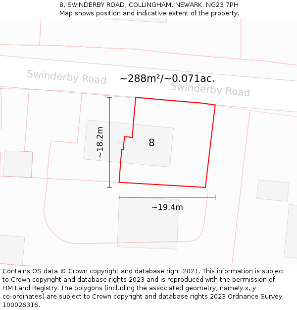 8, SWINDERBY ROAD, COLLINGHAM, NEWARK, NG23 7PH: Plot and title map