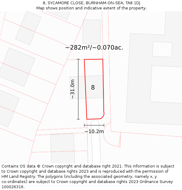 8, SYCAMORE CLOSE, BURNHAM-ON-SEA, TA8 1DJ: Plot and title map