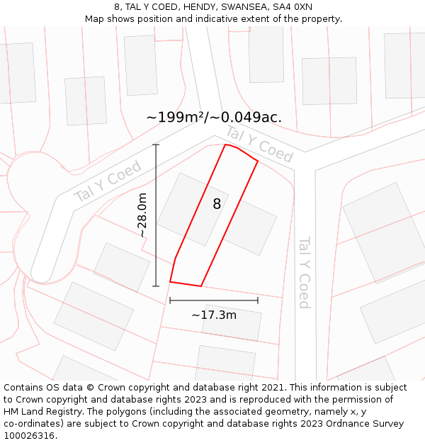 8, TAL Y COED, HENDY, SWANSEA, SA4 0XN: Plot and title map