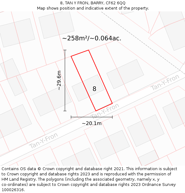 8, TAN Y FRON, BARRY, CF62 6QQ: Plot and title map