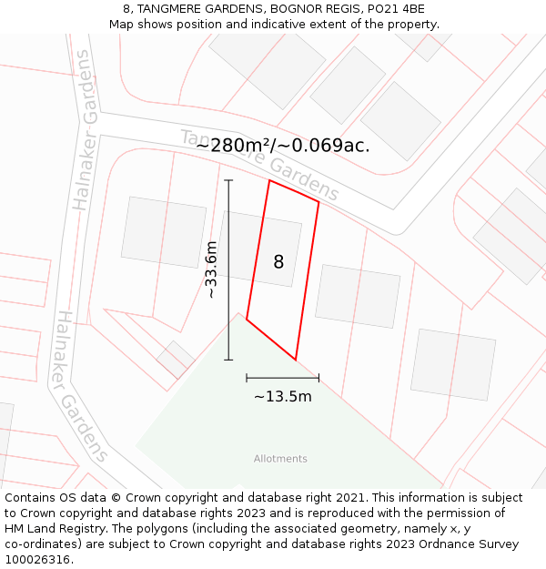 8, TANGMERE GARDENS, BOGNOR REGIS, PO21 4BE: Plot and title map