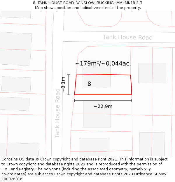 8, TANK HOUSE ROAD, WINSLOW, BUCKINGHAM, MK18 3LT: Plot and title map