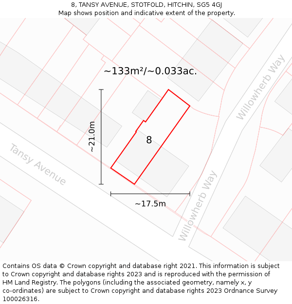 8, TANSY AVENUE, STOTFOLD, HITCHIN, SG5 4GJ: Plot and title map