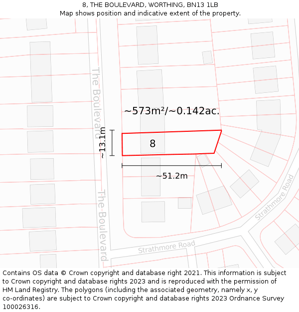 8, THE BOULEVARD, WORTHING, BN13 1LB: Plot and title map