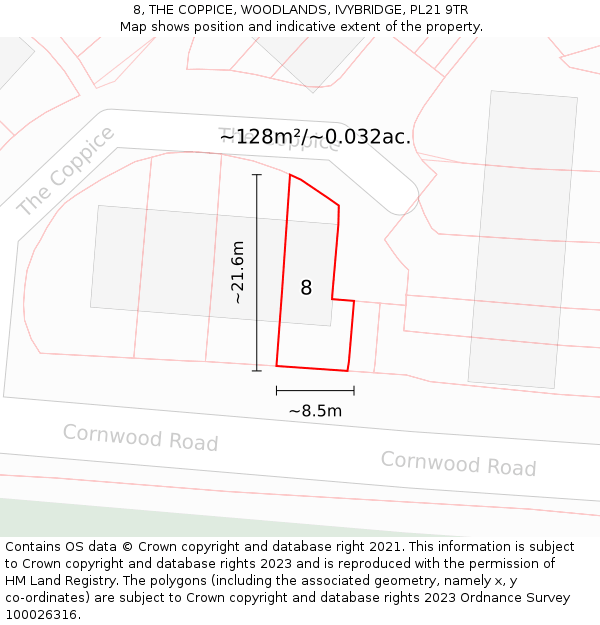 8, THE COPPICE, WOODLANDS, IVYBRIDGE, PL21 9TR: Plot and title map