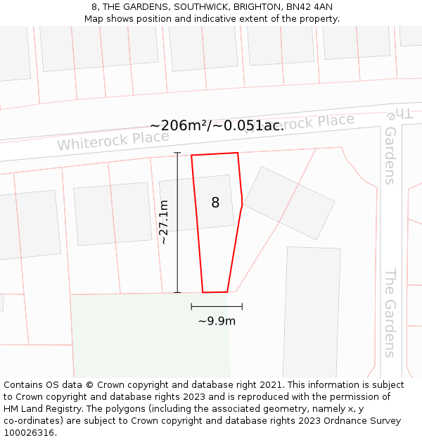 8, THE GARDENS, SOUTHWICK, BRIGHTON, BN42 4AN: Plot and title map