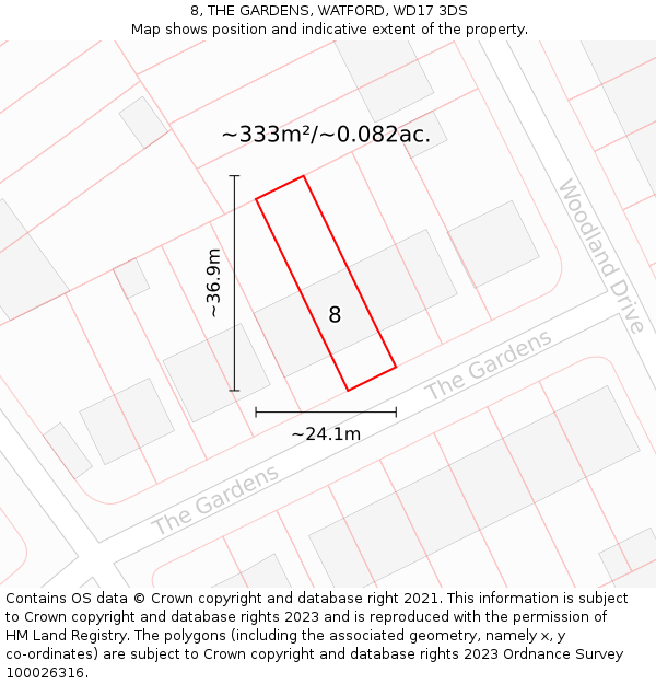 8, THE GARDENS, WATFORD, WD17 3DS: Plot and title map