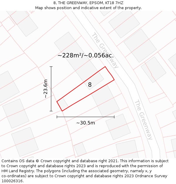 8, THE GREENWAY, EPSOM, KT18 7HZ: Plot and title map