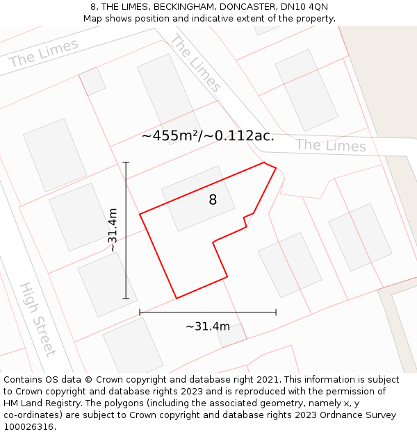 8, THE LIMES, BECKINGHAM, DONCASTER, DN10 4QN: Plot and title map