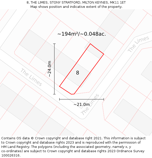 8, THE LIMES, STONY STRATFORD, MILTON KEYNES, MK11 1ET: Plot and title map