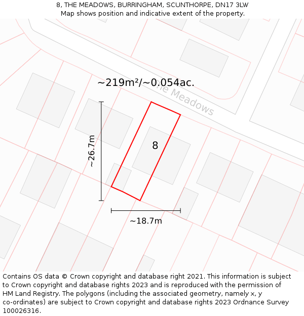 8, THE MEADOWS, BURRINGHAM, SCUNTHORPE, DN17 3LW: Plot and title map