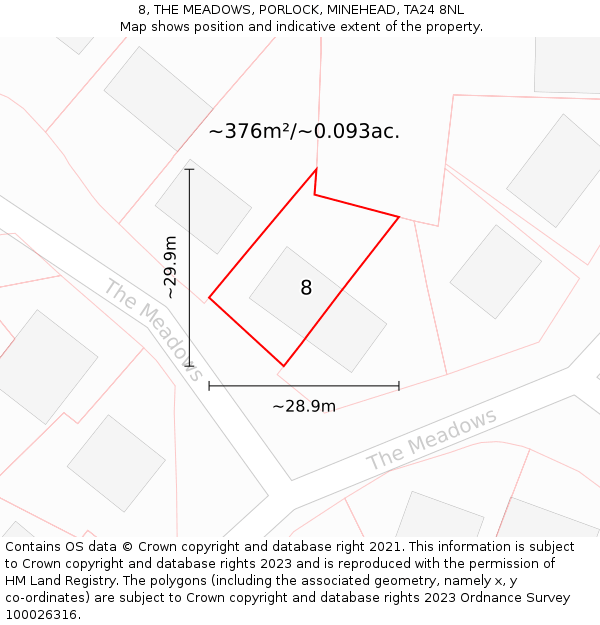 8, THE MEADOWS, PORLOCK, MINEHEAD, TA24 8NL: Plot and title map