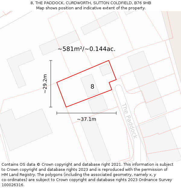 8, THE PADDOCK, CURDWORTH, SUTTON COLDFIELD, B76 9HB: Plot and title map