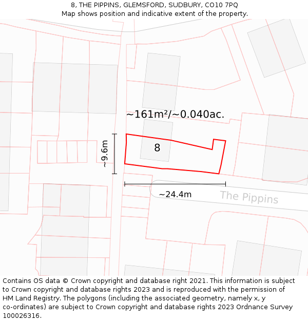 8, THE PIPPINS, GLEMSFORD, SUDBURY, CO10 7PQ: Plot and title map