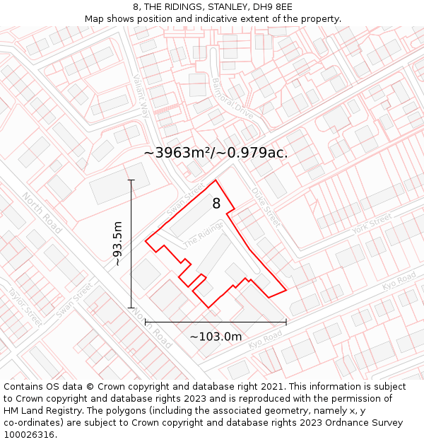 8, THE RIDINGS, STANLEY, DH9 8EE: Plot and title map