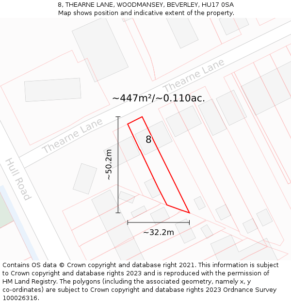 8, THEARNE LANE, WOODMANSEY, BEVERLEY, HU17 0SA: Plot and title map