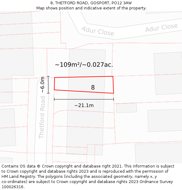 8, THETFORD ROAD, GOSPORT, PO12 3AW: Plot and title map