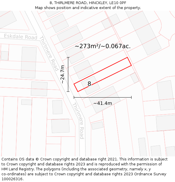 8, THIRLMERE ROAD, HINCKLEY, LE10 0PF: Plot and title map