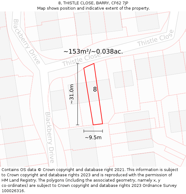 8, THISTLE CLOSE, BARRY, CF62 7JP: Plot and title map