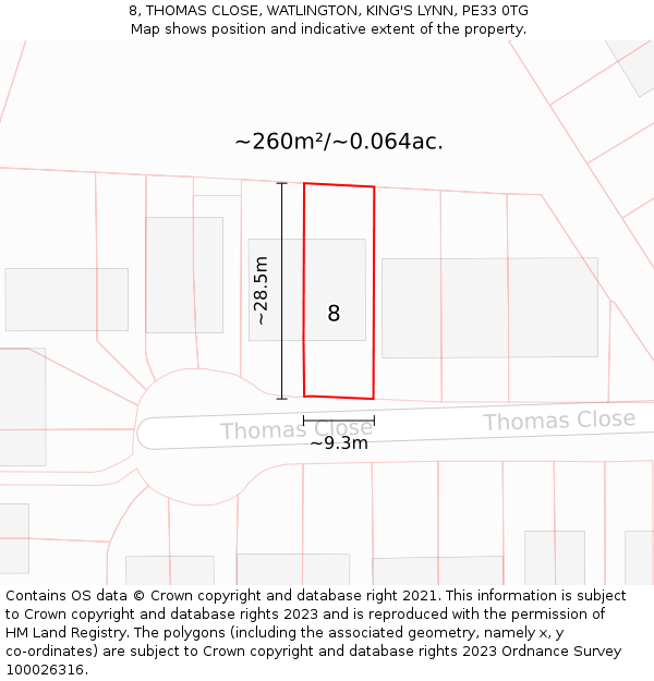 8, THOMAS CLOSE, WATLINGTON, KING'S LYNN, PE33 0TG: Plot and title map