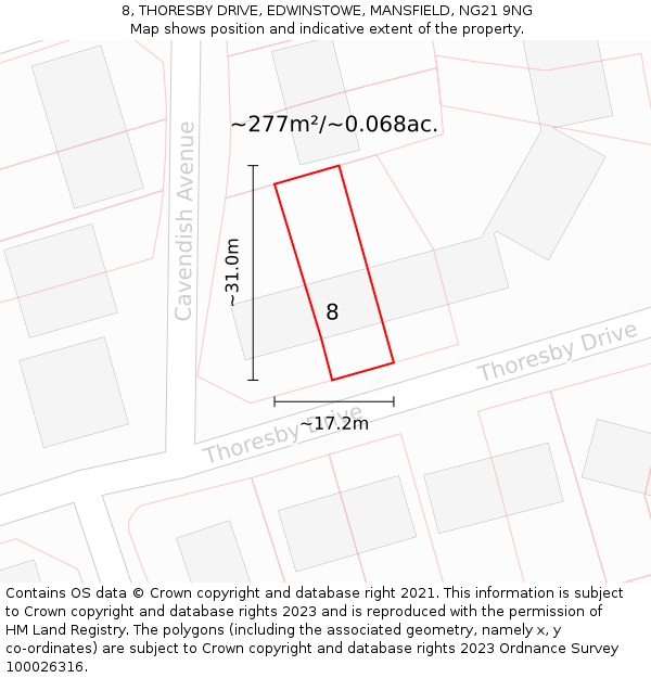 8, THORESBY DRIVE, EDWINSTOWE, MANSFIELD, NG21 9NG: Plot and title map