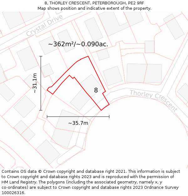 8, THORLEY CRESCENT, PETERBOROUGH, PE2 9RF: Plot and title map