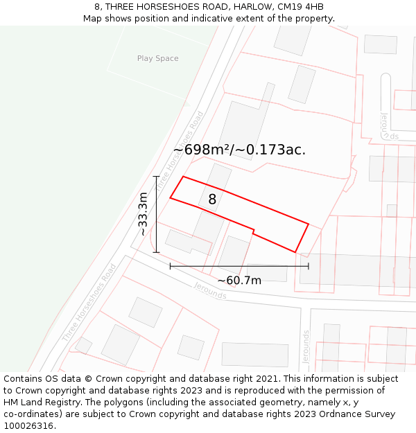 8, THREE HORSESHOES ROAD, HARLOW, CM19 4HB: Plot and title map