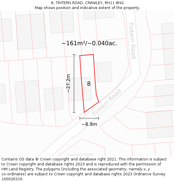 8, TINTERN ROAD, CRAWLEY, RH11 8NG: Plot and title map