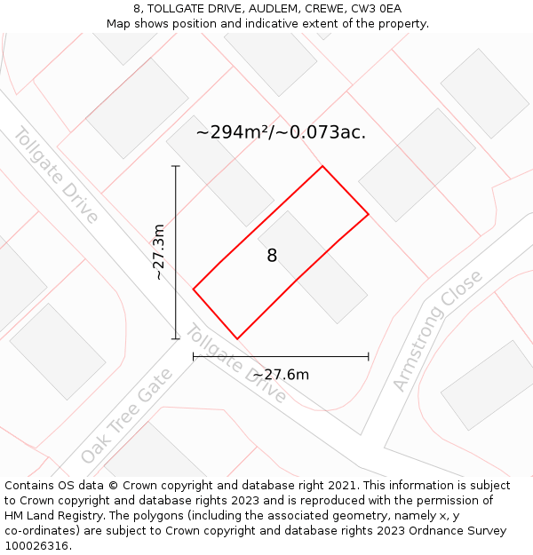 8, TOLLGATE DRIVE, AUDLEM, CREWE, CW3 0EA: Plot and title map