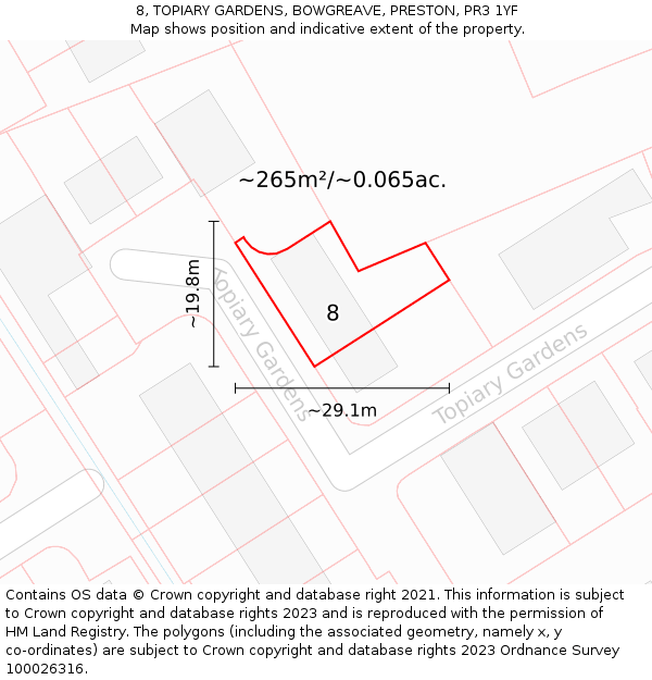 8, TOPIARY GARDENS, BOWGREAVE, PRESTON, PR3 1YF: Plot and title map