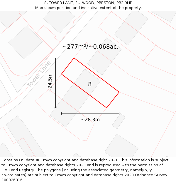 8, TOWER LANE, FULWOOD, PRESTON, PR2 9HP: Plot and title map