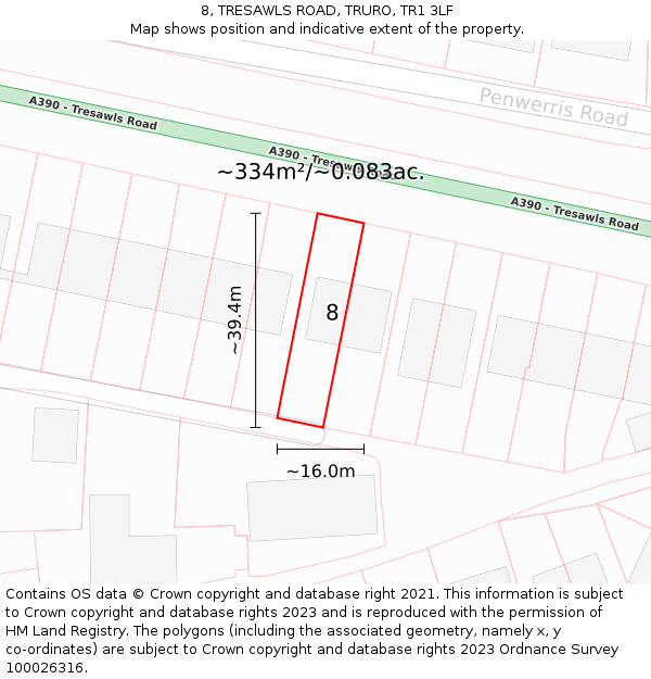 8, TRESAWLS ROAD, TRURO, TR1 3LF: Plot and title map