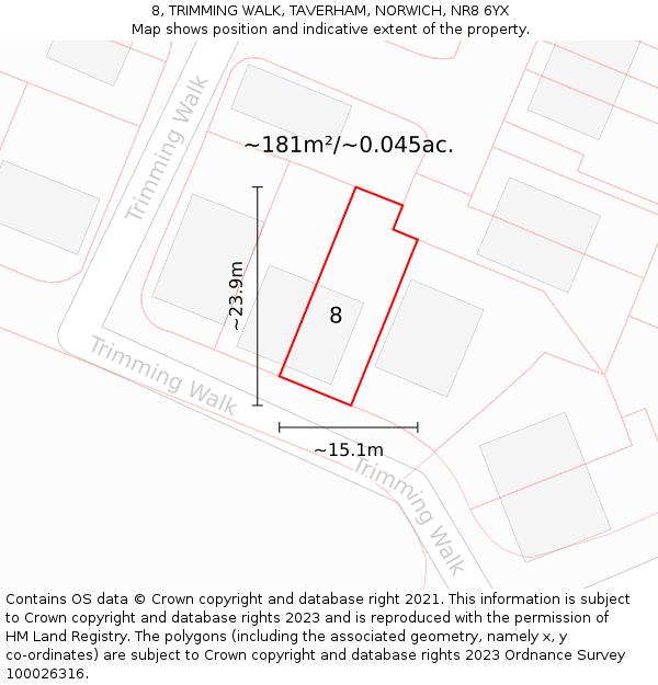 8, TRIMMING WALK, TAVERHAM, NORWICH, NR8 6YX: Plot and title map