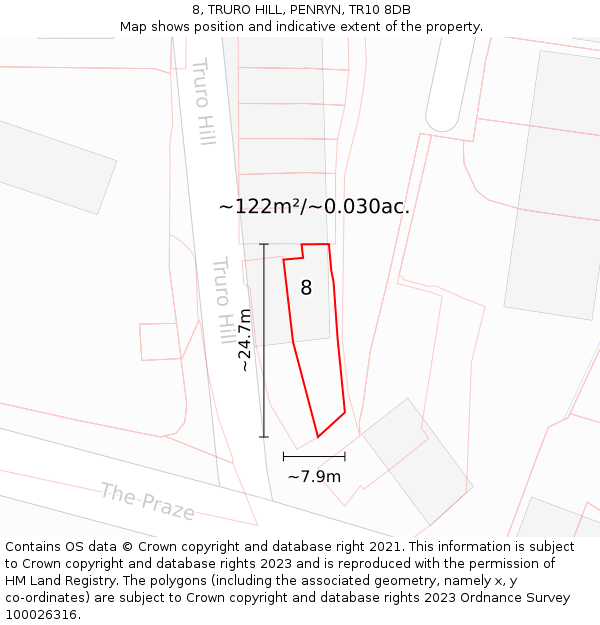 8, TRURO HILL, PENRYN, TR10 8DB: Plot and title map