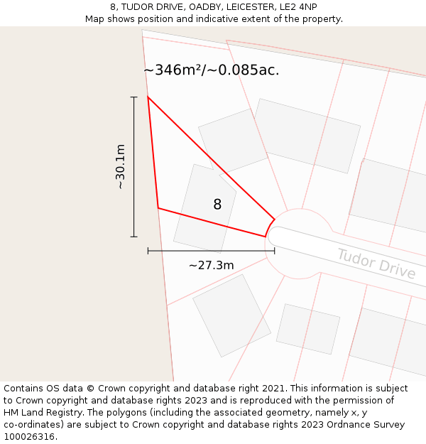 8, TUDOR DRIVE, OADBY, LEICESTER, LE2 4NP: Plot and title map