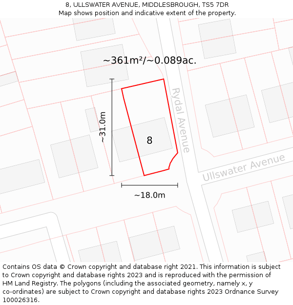 8, ULLSWATER AVENUE, MIDDLESBROUGH, TS5 7DR: Plot and title map