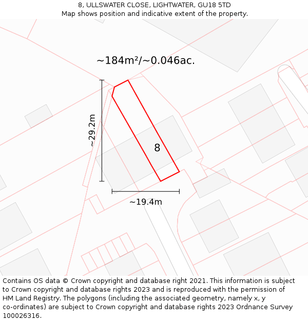 8, ULLSWATER CLOSE, LIGHTWATER, GU18 5TD: Plot and title map