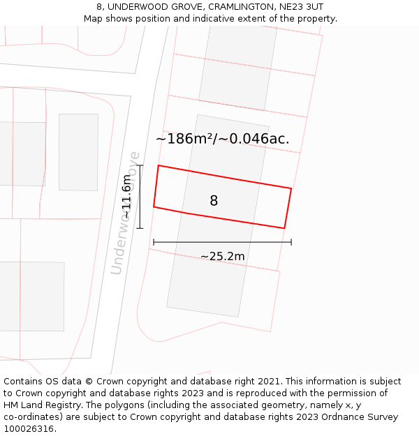 8, UNDERWOOD GROVE, CRAMLINGTON, NE23 3UT: Plot and title map