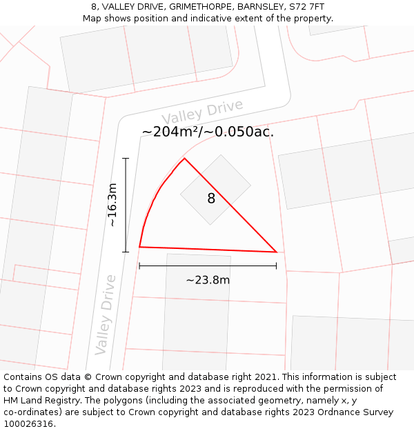 8, VALLEY DRIVE, GRIMETHORPE, BARNSLEY, S72 7FT: Plot and title map