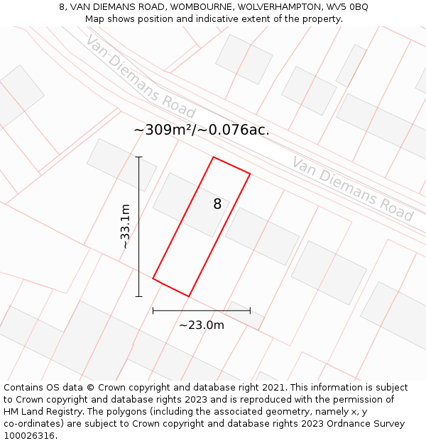 8, VAN DIEMANS ROAD, WOMBOURNE, WOLVERHAMPTON, WV5 0BQ: Plot and title map