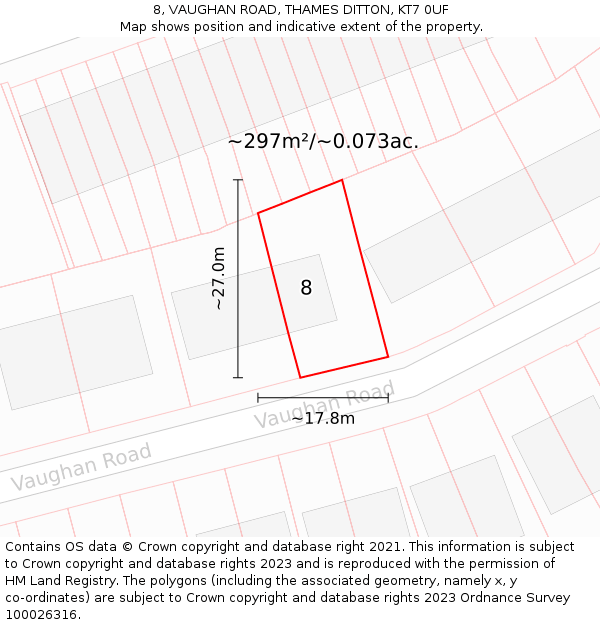 8, VAUGHAN ROAD, THAMES DITTON, KT7 0UF: Plot and title map