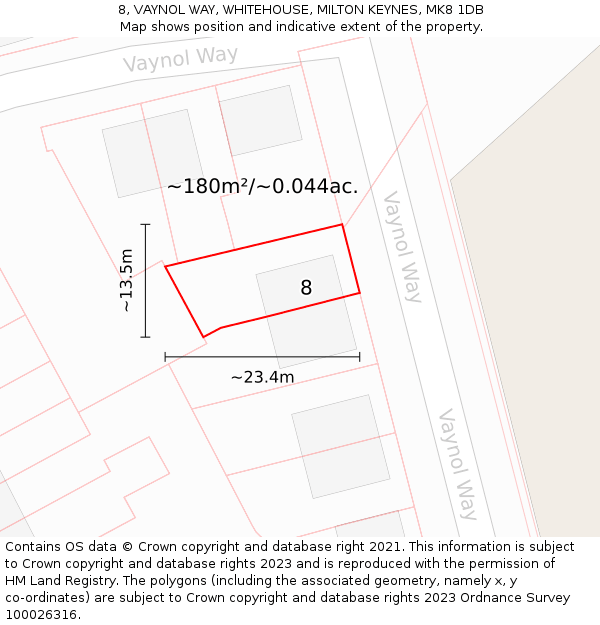 8, VAYNOL WAY, WHITEHOUSE, MILTON KEYNES, MK8 1DB: Plot and title map