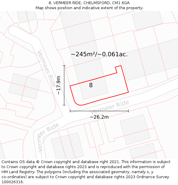 8, VERMEER RIDE, CHELMSFORD, CM1 6GA: Plot and title map