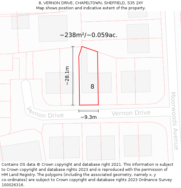 8, VERNON DRIVE, CHAPELTOWN, SHEFFIELD, S35 2XY: Plot and title map