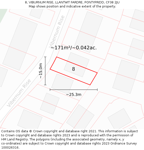 8, VIBURNUM RISE, LLANTWIT FARDRE, PONTYPRIDD, CF38 2JU: Plot and title map