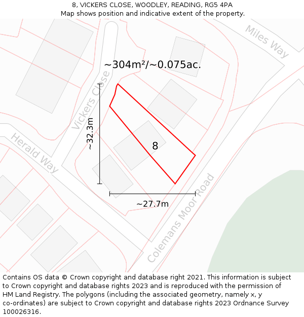 8, VICKERS CLOSE, WOODLEY, READING, RG5 4PA: Plot and title map