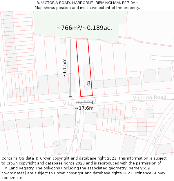 8, VICTORIA ROAD, HARBORNE, BIRMINGHAM, B17 0AH: Plot and title map