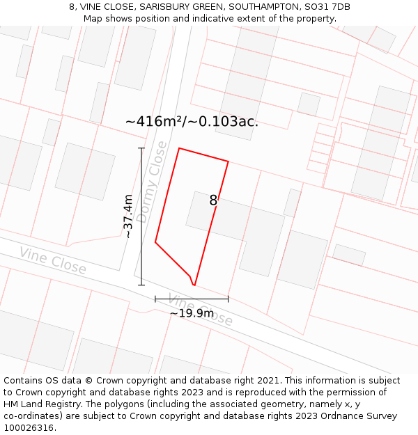 8, VINE CLOSE, SARISBURY GREEN, SOUTHAMPTON, SO31 7DB: Plot and title map