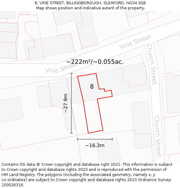 8, VINE STREET, BILLINGBOROUGH, SLEAFORD, NG34 0QE: Plot and title map